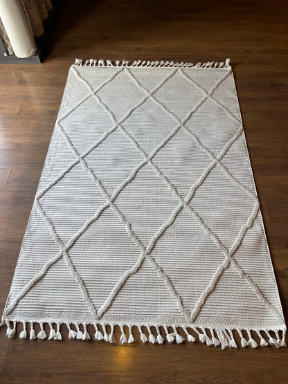 White Textured Geometric Carpet with Tassels, Minimalist Scandi Home Decor, Neutral Living Room Rug.
