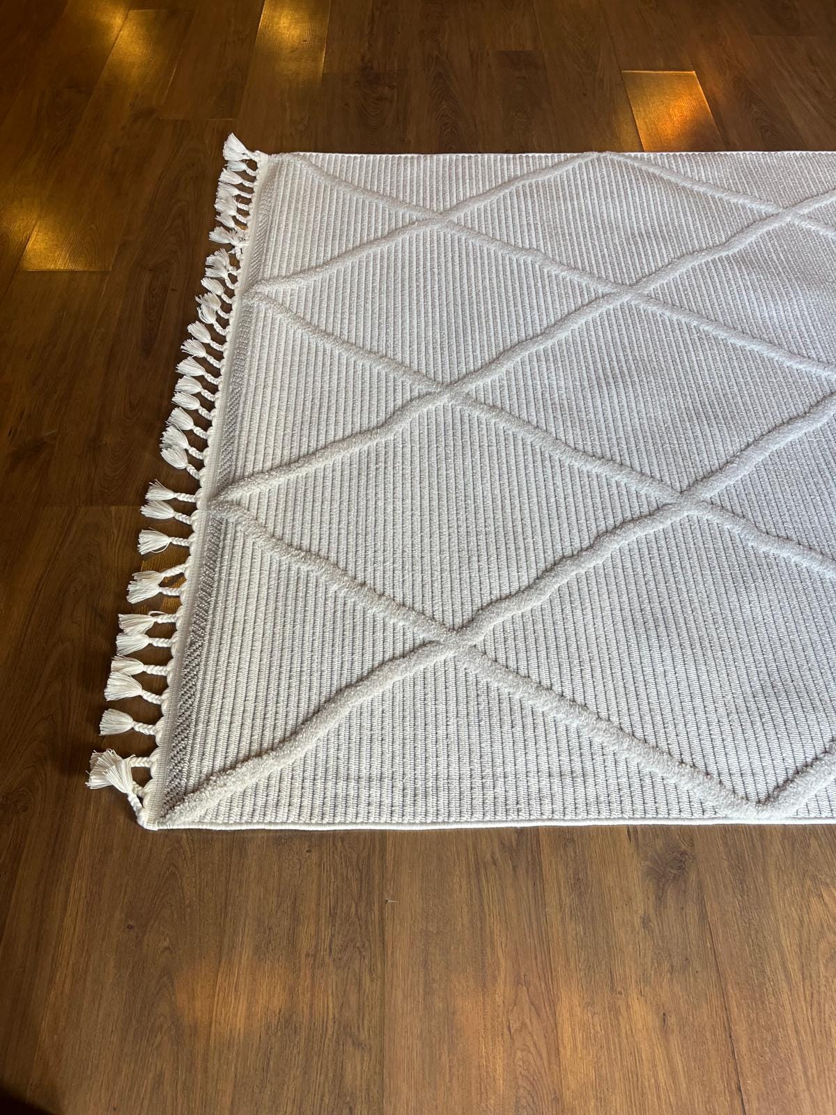 White Textured Geometric Carpet with Tassels, Minimalist Scandi Home Decor, Neutral Living Room Rug.