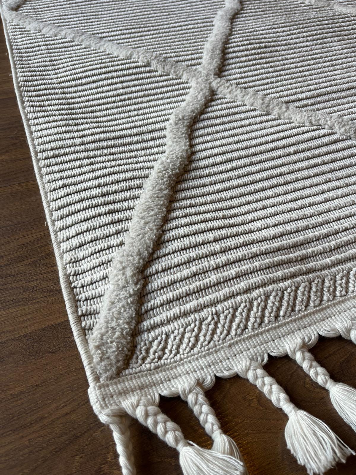 White Textured Geometric Carpet with Tassels, Minimalist Scandi Home Decor, Neutral Living Room Rug.
