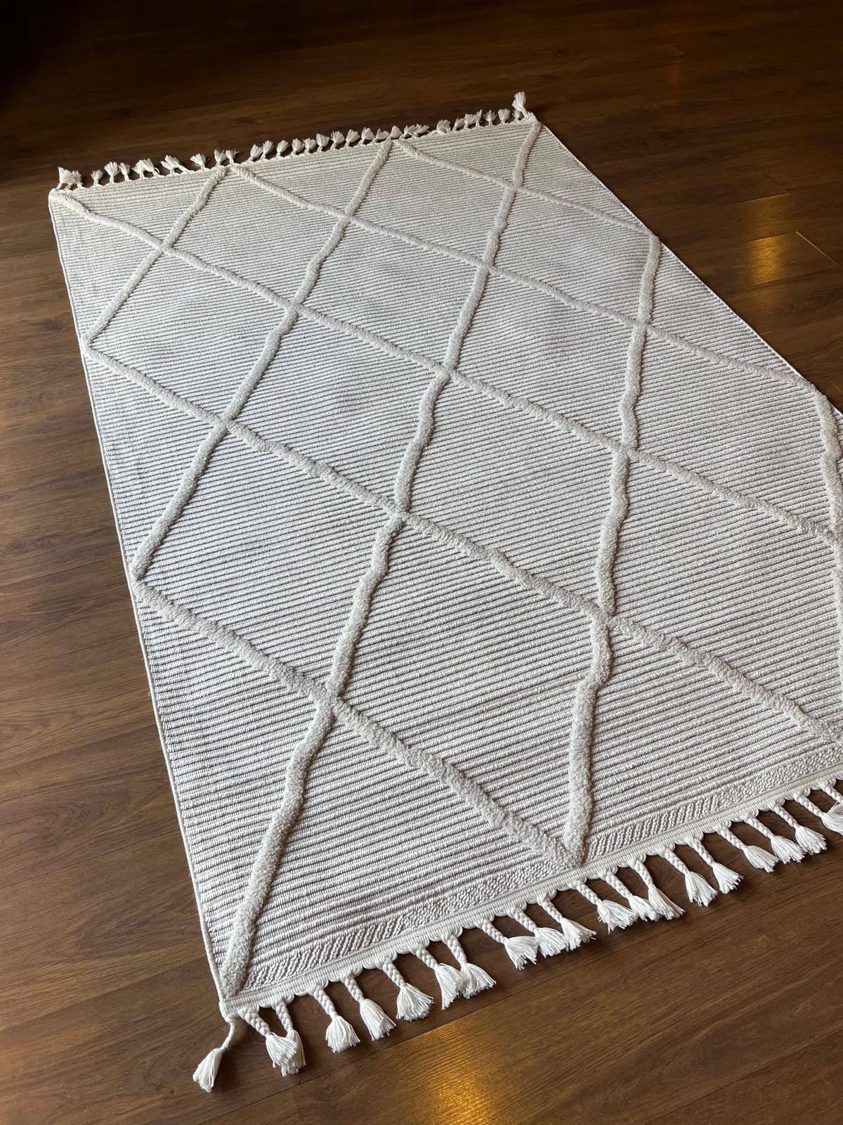 White Textured Geometric Carpet with Tassels, Minimalist Scandi Home Decor, Neutral Living Room Rug.