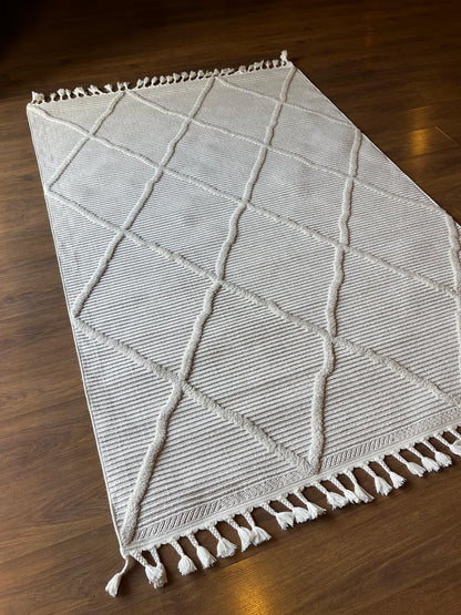 White Textured Geometric Carpet with Tassels, Minimalist Scandi Home Decor, Neutral Living Room Rug.