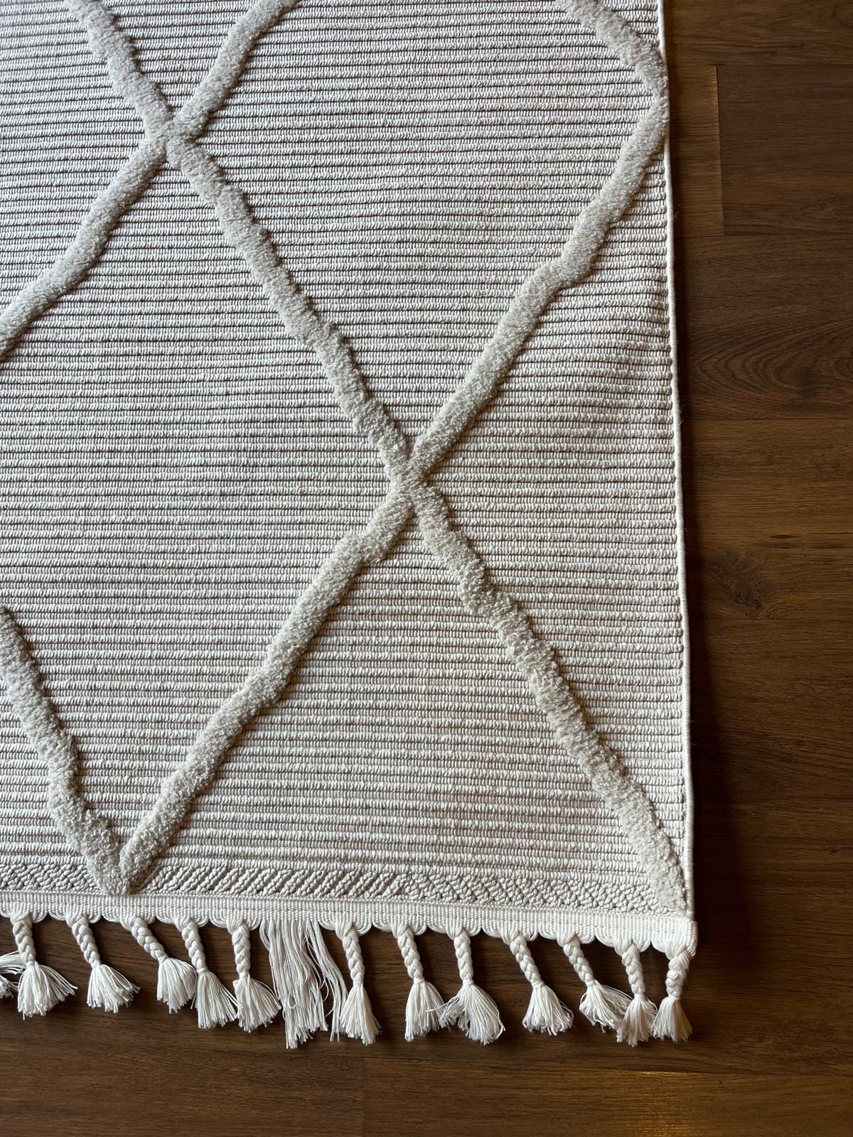 White Textured Geometric Carpet with Tassels, Minimalist Scandi Home Decor, Neutral Living Room Rug.