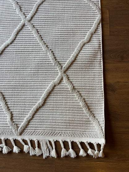 White Textured Geometric Carpet with Tassels, Minimalist Scandi Home Decor, Neutral Living Room Rug.