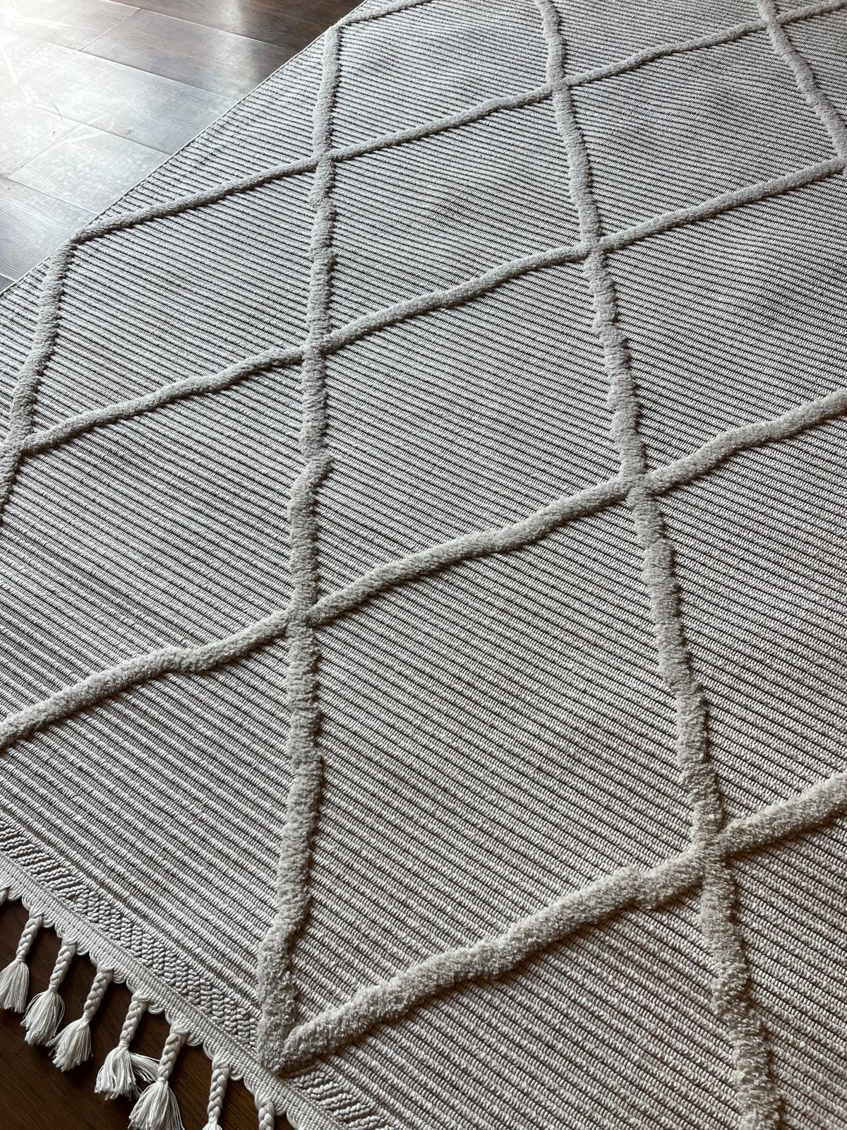 White Textured Geometric Carpet with Tassels, Minimalist Scandi Home Decor, Neutral Living Room Rug.