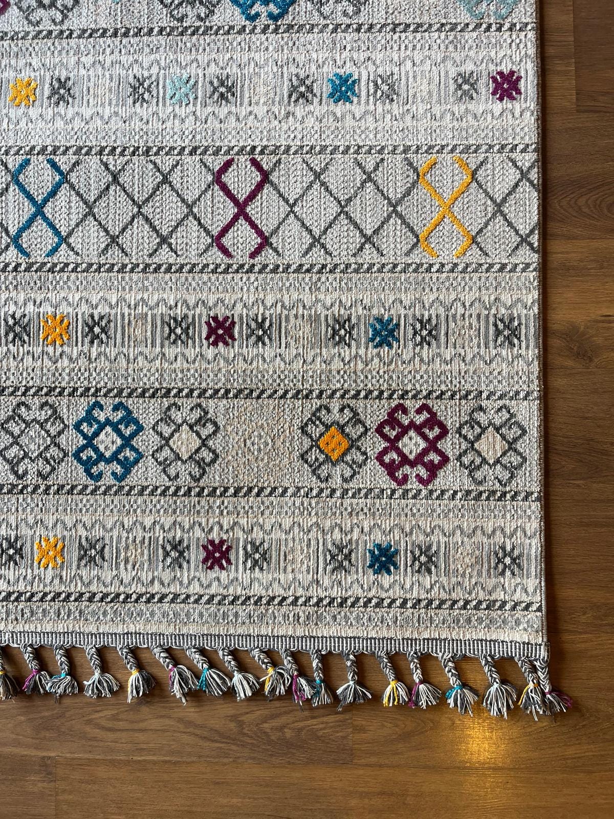 Gray Textured Geometric Carpet with Tassels, Minimalist Scandi Home Decor, Neutral Living Room Rug.