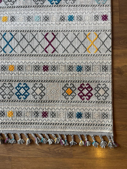 Gray Textured Geometric Carpet with Tassels, Minimalist Scandi Home Decor, Neutral Living Room Rug.