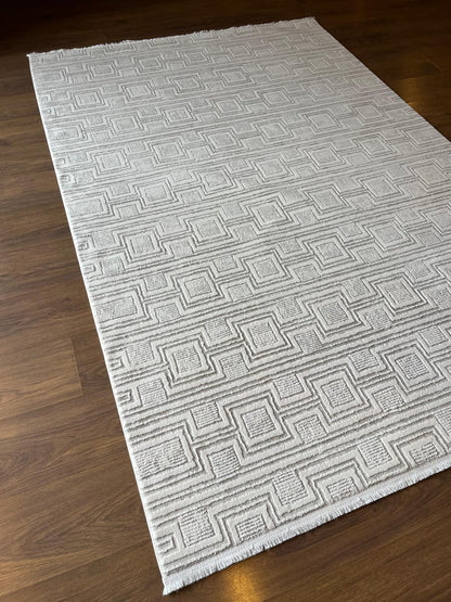 Modern Checkerboard Texture Rug, 5x7 Cream Contemporary Area Carpet (160x230cm)