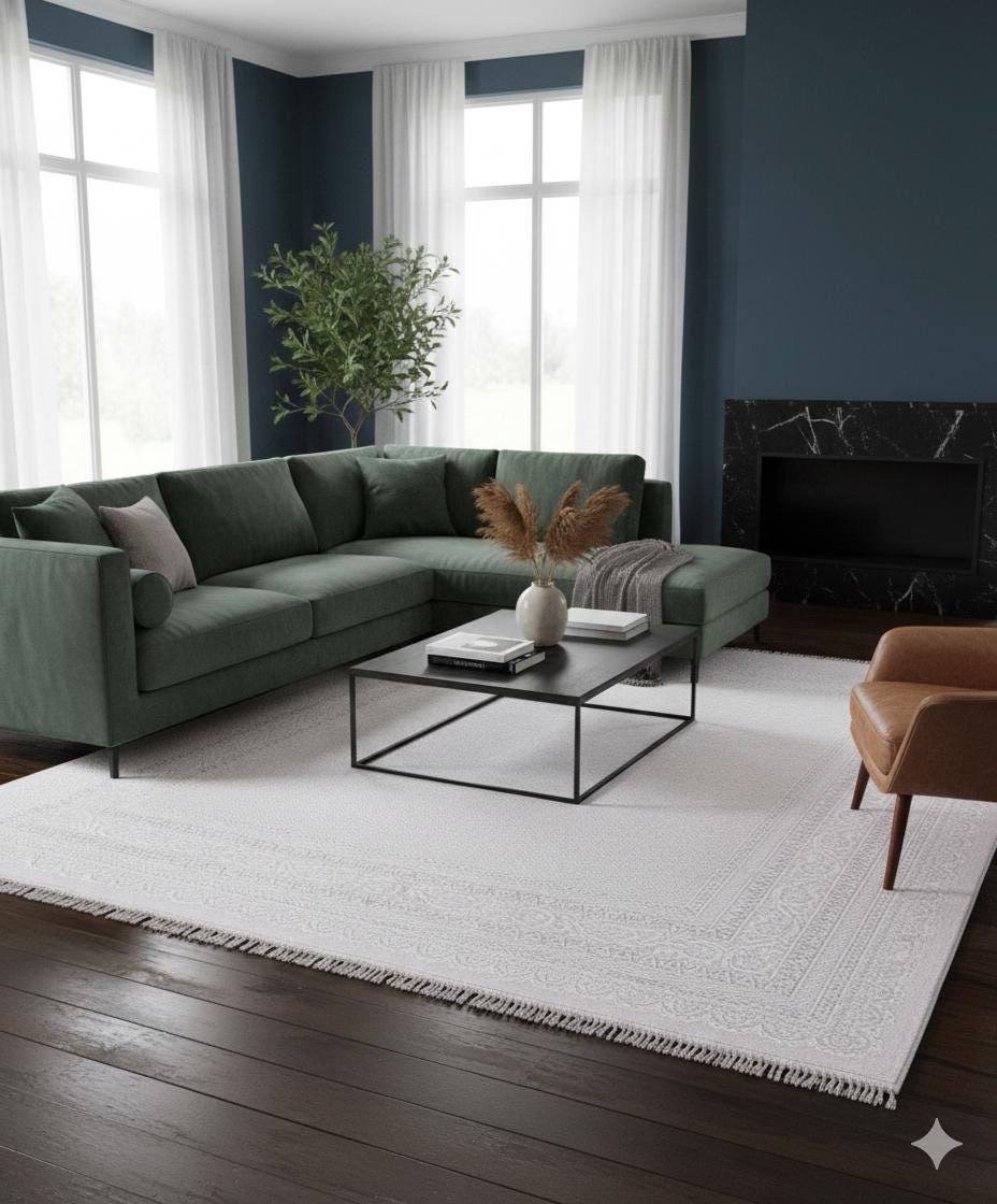 Modern White Texture Rug, 7x10 Cream Contemporary Area Carpet (200x300cm)