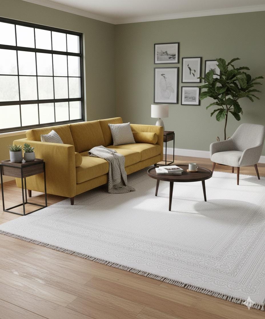 Modern White Texture Rug, 5x7 Cream Contemporary Area Carpet (160x230cm)