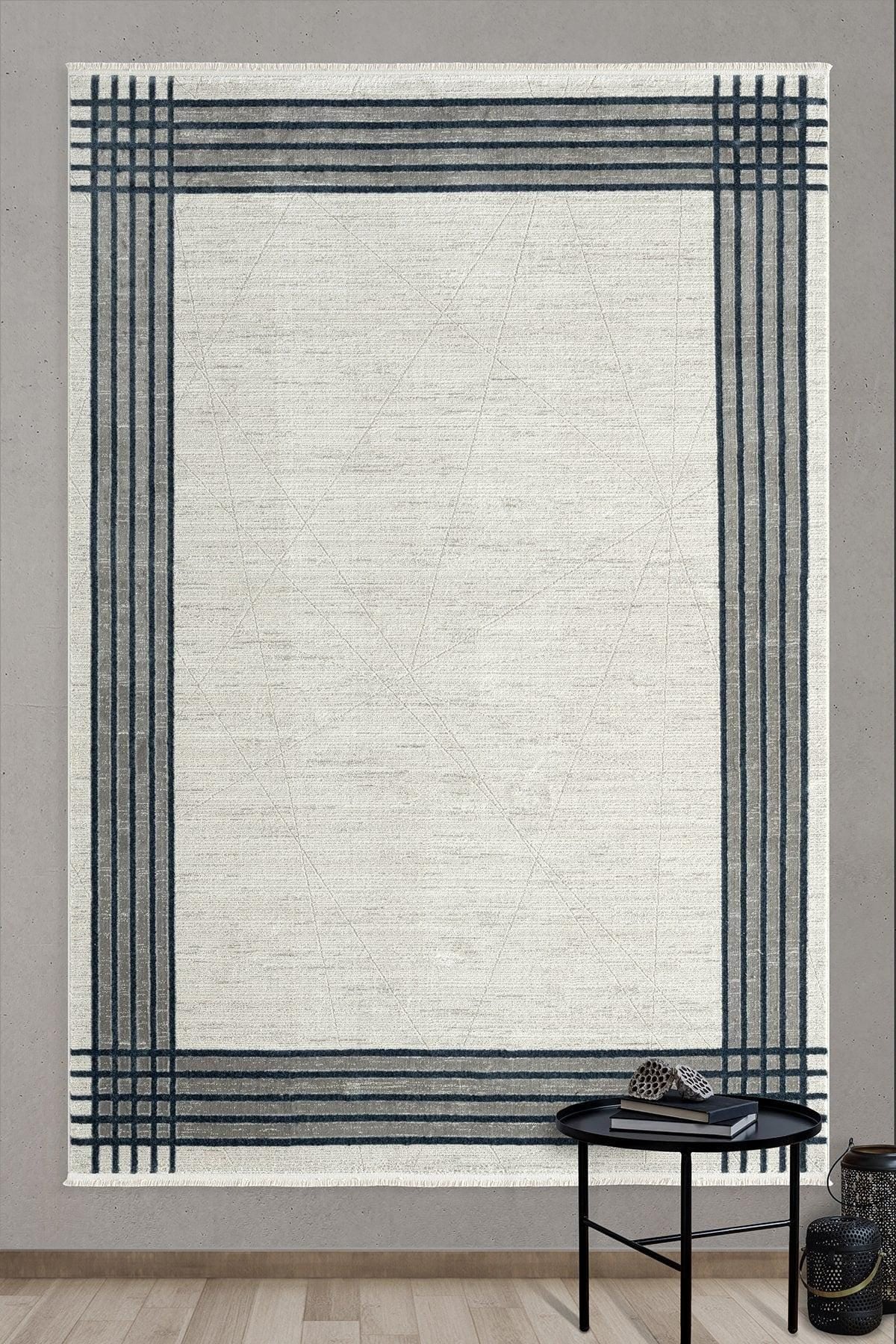 Modern Minimalist Plaid Border Area Rug | Neutral Gray & Ivory Geometric Decor