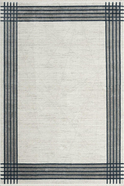 Modern Geometric Border Area Rug – Minimalist Cream & Charcoal Plaid Pattern – Scandi-Industrial Style Textured Carpet
