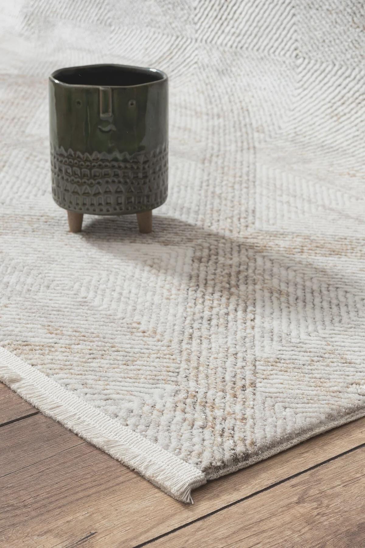 Cream Textured Geometric Carpet with Tassels, Minimalist Scandi Home Decor, Neutral Living Room Rug.