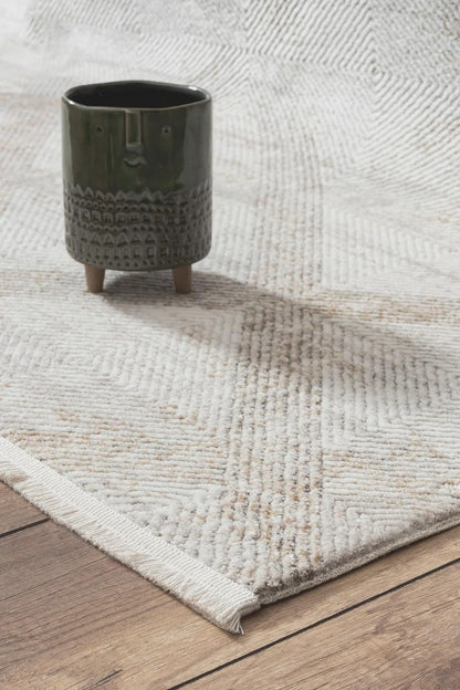 Cream Textured Geometric Carpet with Tassels, Minimalist Scandi Home Decor, Neutral Living Room Rug.