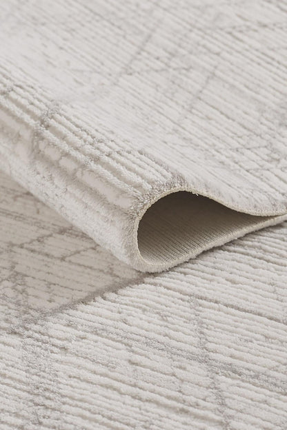 Cream Textured Geometric Carpet with Tassels, Minimalist Scandi Home Decor, Neutral Living Room Rug.