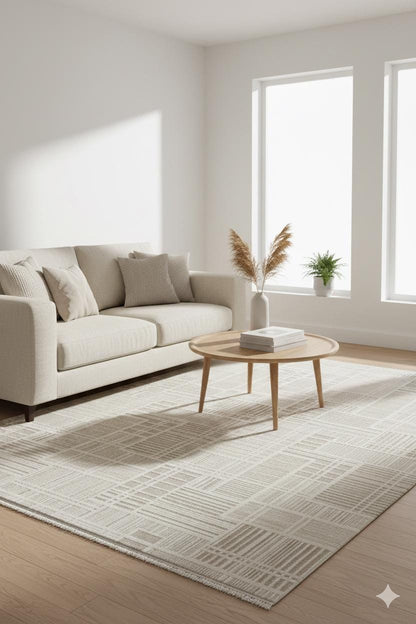 Modern Checkerboard Texture Rug, 5x7 Cream Contemporary Area Carpet (160x230cm)