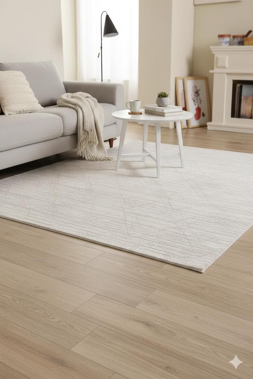 Cream Textured Geometric Carpet with Tassels, Minimalist Scandi Home Decor, Neutral Living Room Rug.