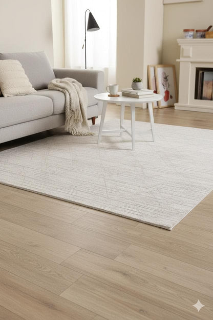 Cream Textured Geometric Carpet with Tassels, Minimalist Scandi Home Decor, Neutral Living Room Rug.