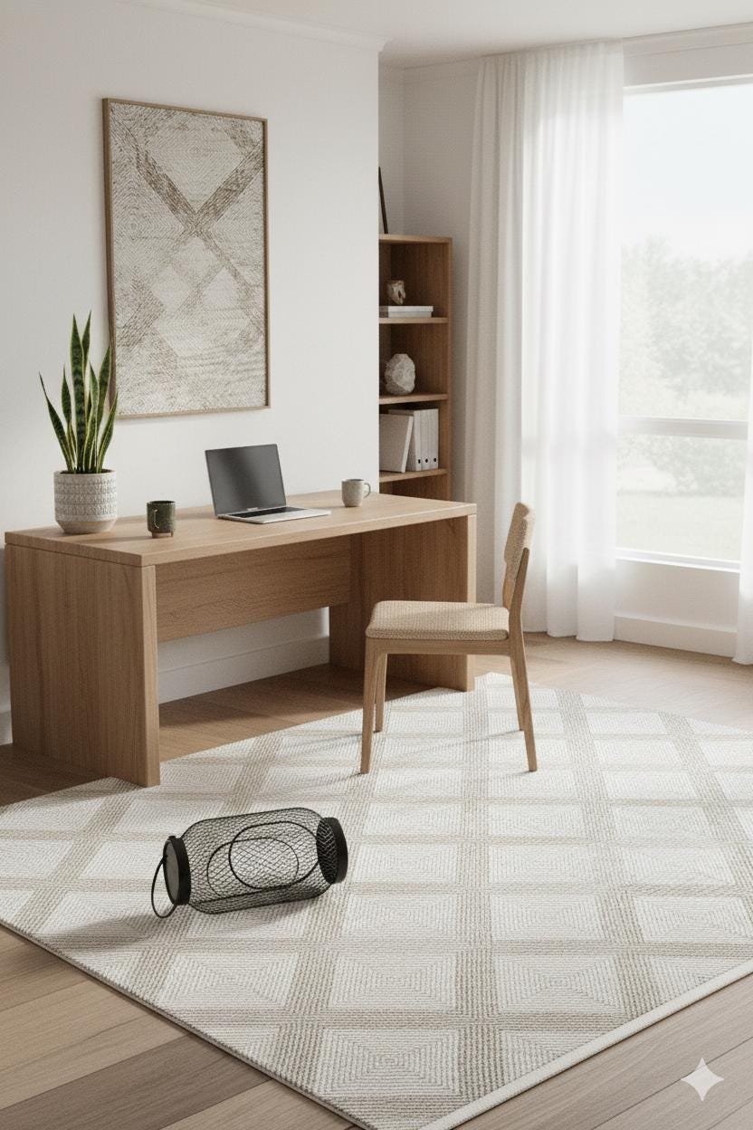 Cream Textured Geometric Carpet with Tassels, Minimalist Scandi Home Decor, Neutral Living Room Rug.