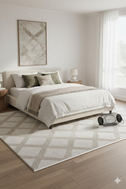 Cream Textured Geometric Carpet with Tassels, Minimalist Scandi Home Decor, Neutral Living Room Rug.