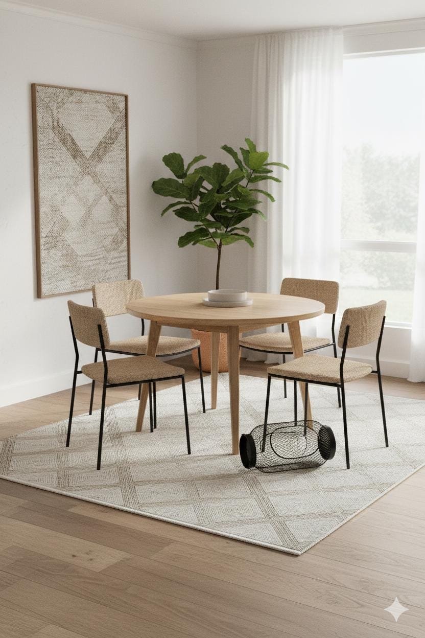 Cream Textured Geometric Carpet with Tassels, Minimalist Scandi Home Decor, Neutral Living Room Rug.