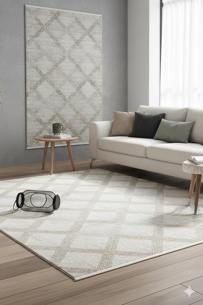 Cream Textured Geometric Carpet with Tassels, Minimalist Scandi Home Decor, Neutral Living Room Rug.