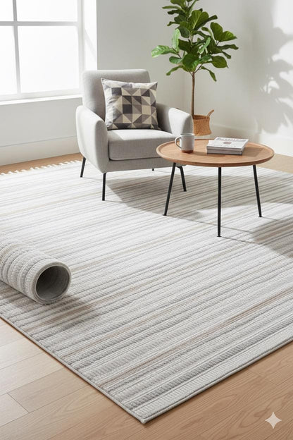 Modern White Striped Texture Rug, 5x7 Cream Contemporary Area Carpet (160x230cm)