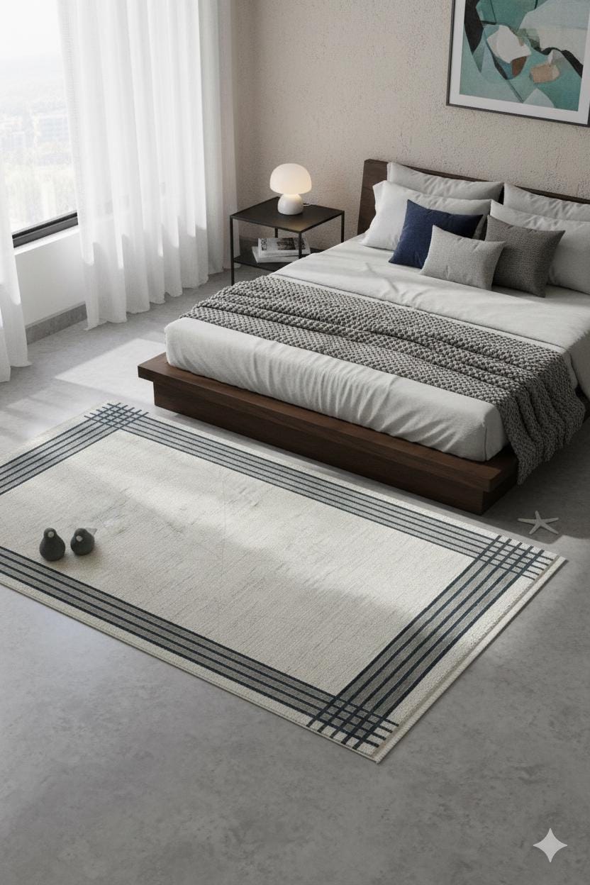 Modern Geometric Border Area Rug – Minimalist Cream & Charcoal Plaid Pattern – Scandi-Industrial Style Textured Carpet