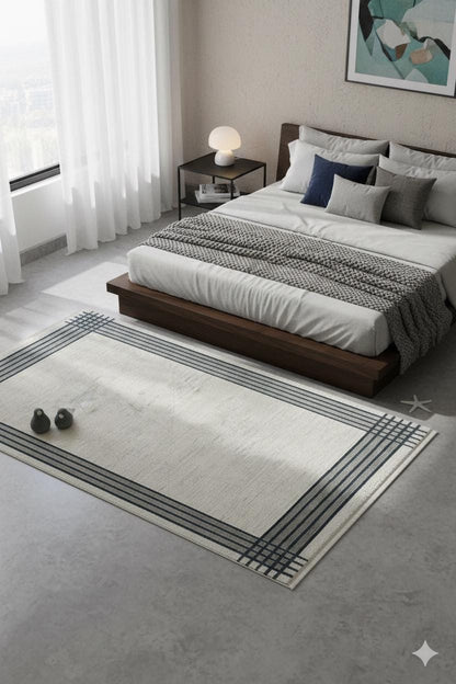 Modern Geometric Border Area Rug – Minimalist Cream & Charcoal Plaid Pattern – Scandi-Industrial Style Textured Carpet