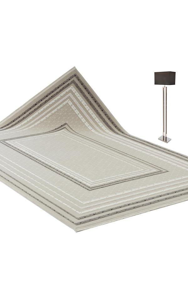 Geometric Border Area Rug – Neutral Beige Grey Textured Carpet – Japandi Boho Decor