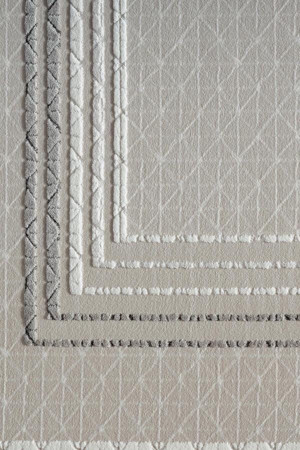 Geometric Border Area Rug – Neutral Beige Grey Textured Carpet – Japandi Boho Decor