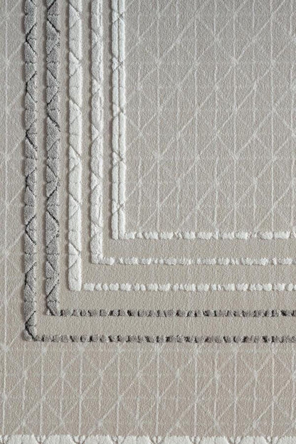 Geometric Border Area Rug – Neutral Beige Grey Textured Carpet – Japandi Boho Decor