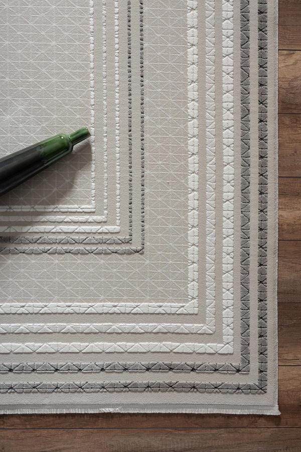 Geometric Border Area Rug – Neutral Beige Grey Textured Carpet – Japandi Boho Decor