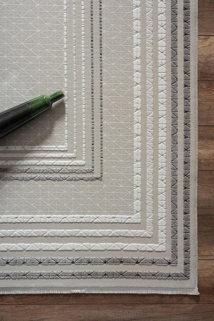 Geometric Border Area Rug – Neutral Beige Grey Textured Carpet – Japandi Boho Decor