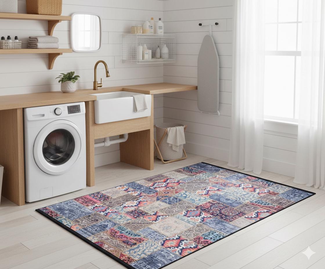 Floral Patchwork Rug: Washable Bohemian Carpet