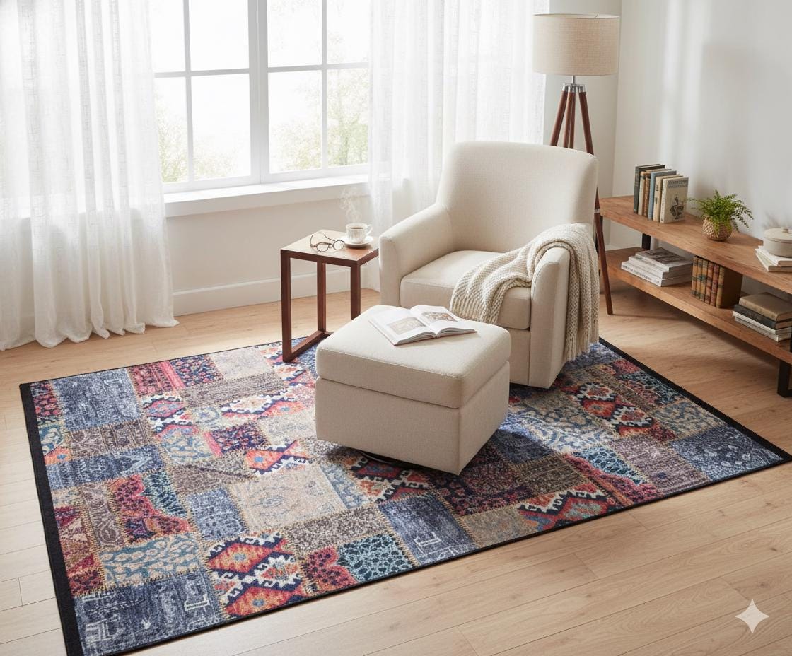 Floral Patchwork Rug: Washable Bohemian Carpet
