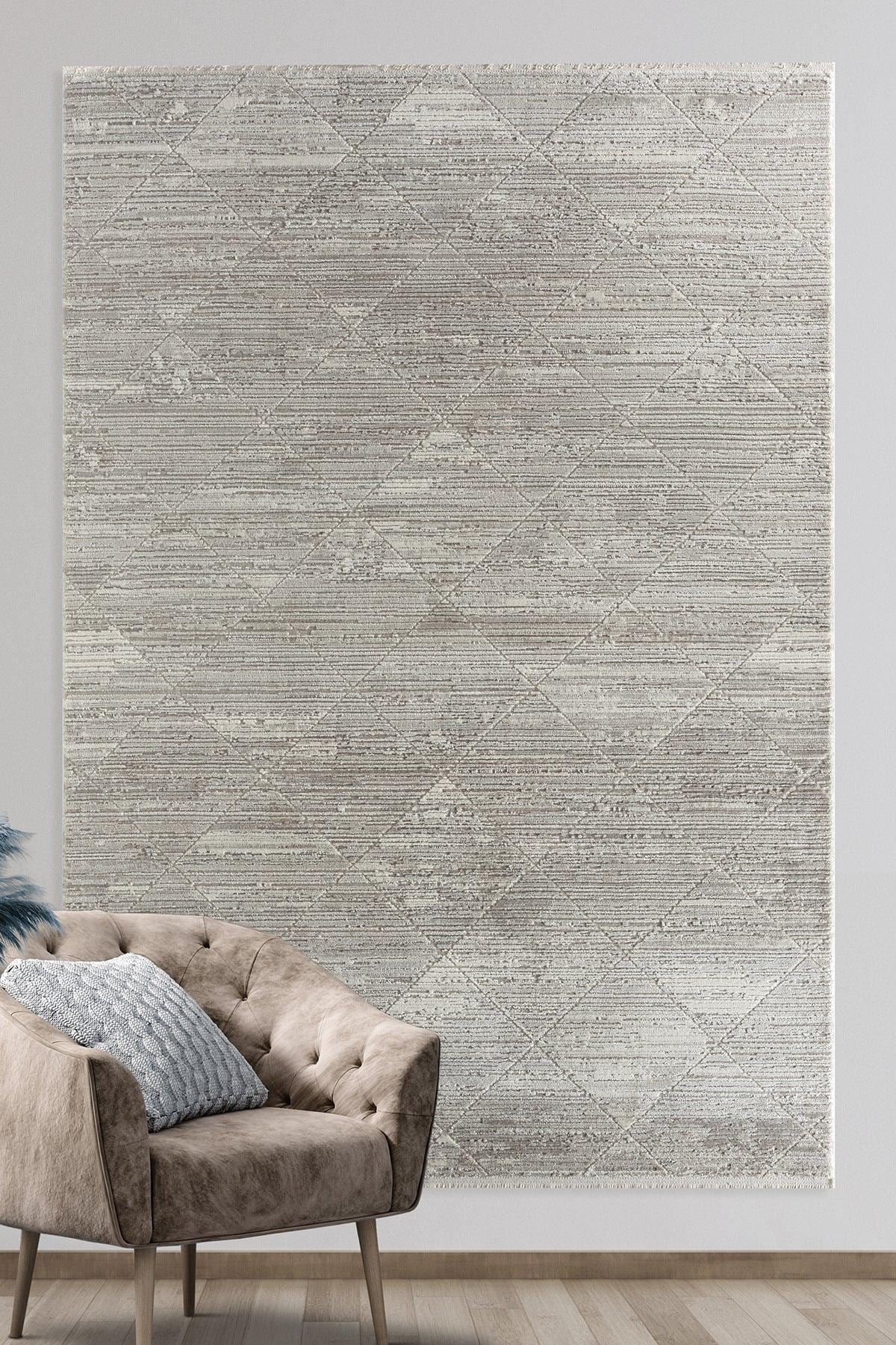 Modern Distressed Diamond Area Rug – Japandi Sand Taupe Carpet (200x300cm)