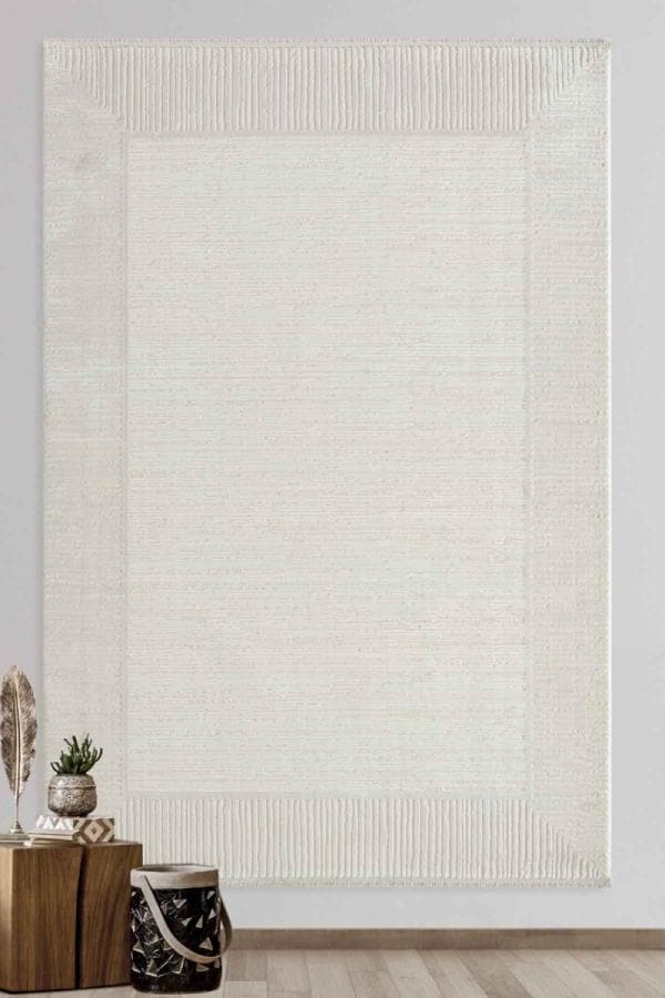 Textured Cream Border Area Rug – Modern Minimalist Geometric Wool Carpet (7x10ft)