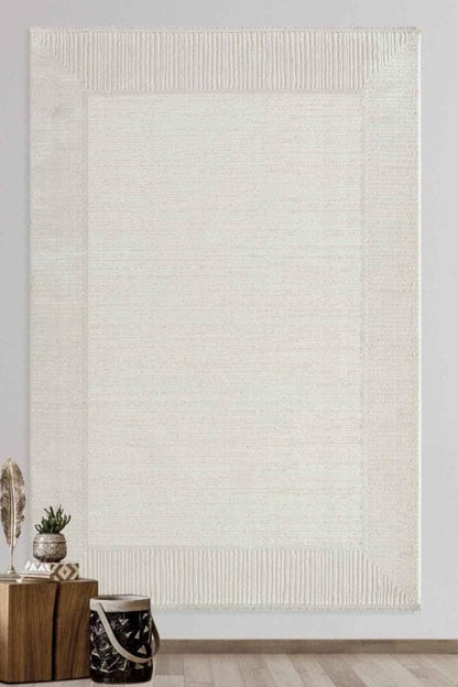 Textured Cream Border Area Rug – Modern Minimalist Geometric Wool Carpet (7x10ft)