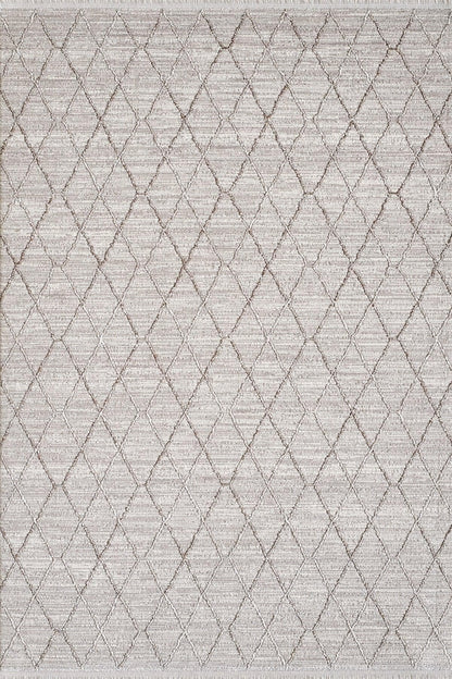 Modern Scandinavian Diamond Lattice Area Rug with Tassel Fringe – Neutral Cream & Grey - 200x300cm - 7x10ft
