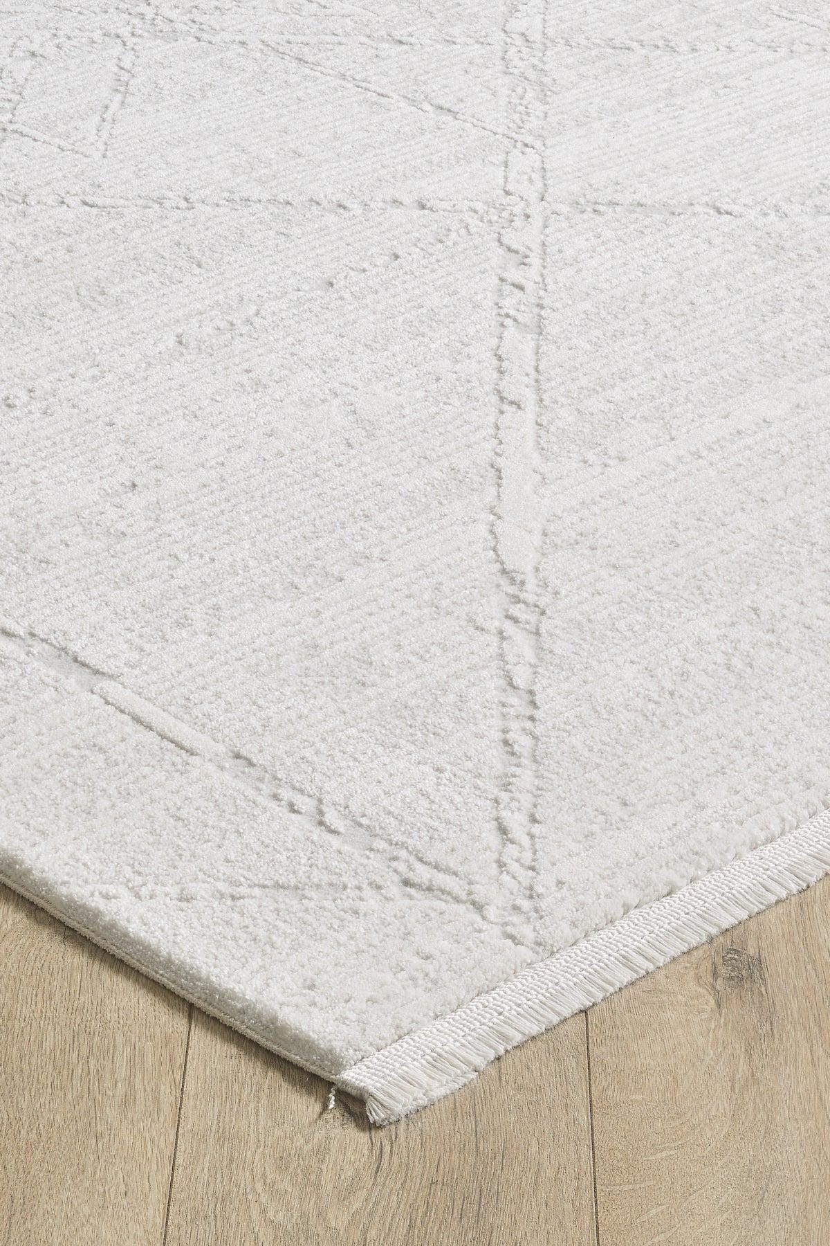 Cream Geometric Area Rug – Textured Low Pile Carpet, Modern Japandi Decor