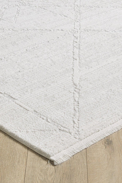 Cream Geometric Area Rug – Textured Low Pile Carpet, Modern Japandi Decor