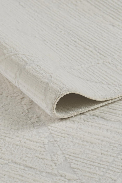 Cream Geometric Area Rug – Textured Low Pile Carpet, Modern Japandi Decor