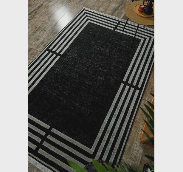 Modern Black Geometric Border Rug, Minimalist Living Room Carpet