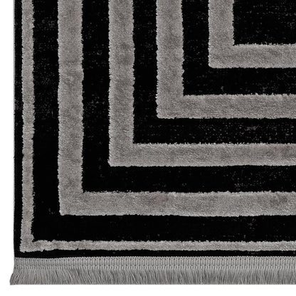 Modern Black Geometric Border Rug, Minimalist Living Room Carpet