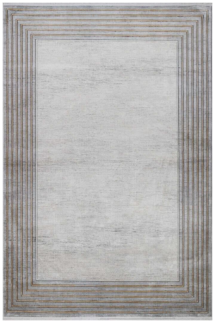 Modern Transitional Area Rug – Slate Grey & Gold Linear Bordered Design - 7x10