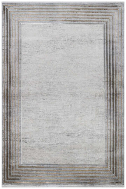 Modern Transitional Area Rug – Slate Grey & Gold Linear Bordered Design - 7x10