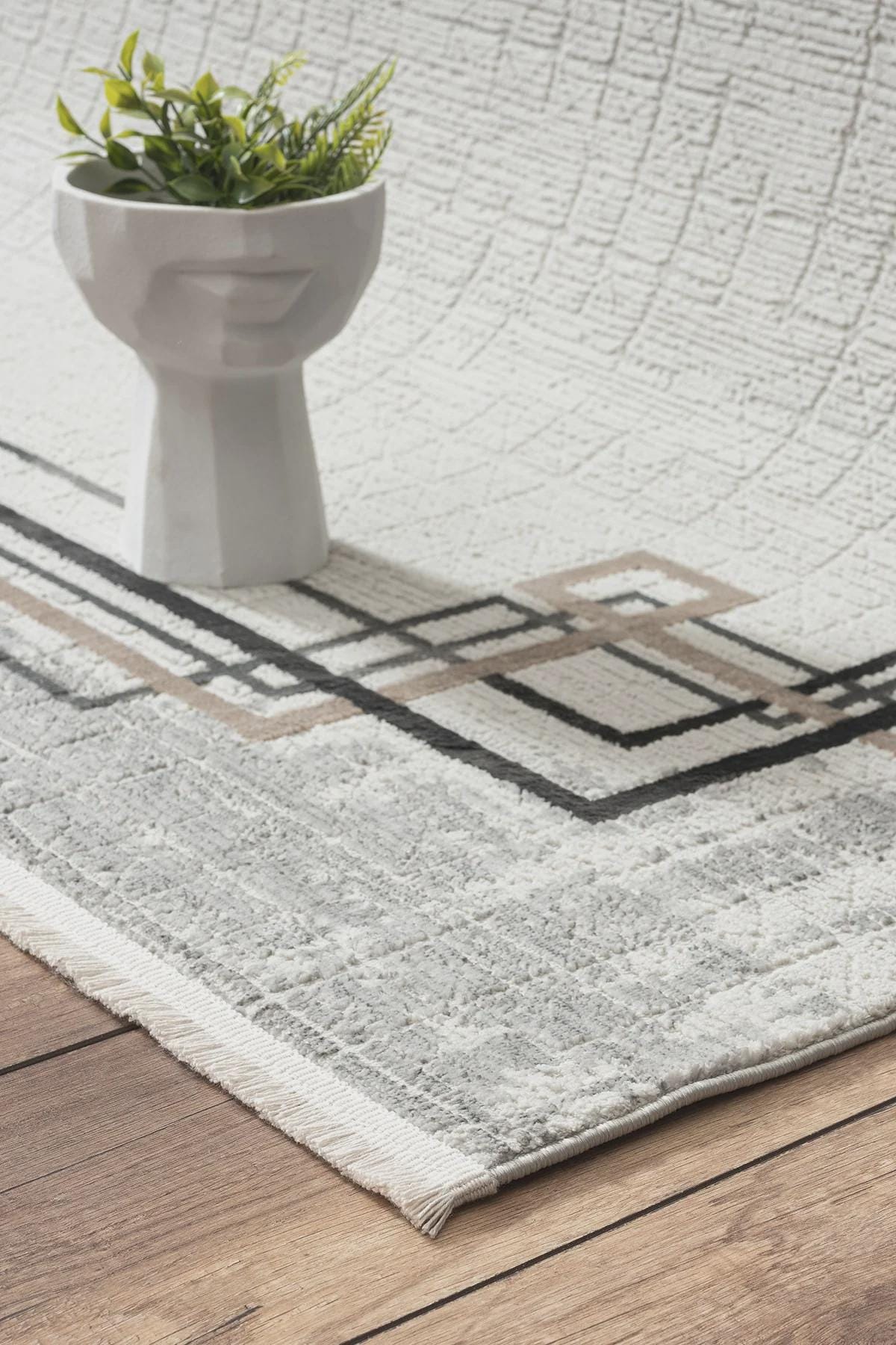 Modern Art Deco Border Rug – Geometric Neutral Area Rug (200x300 cm)
