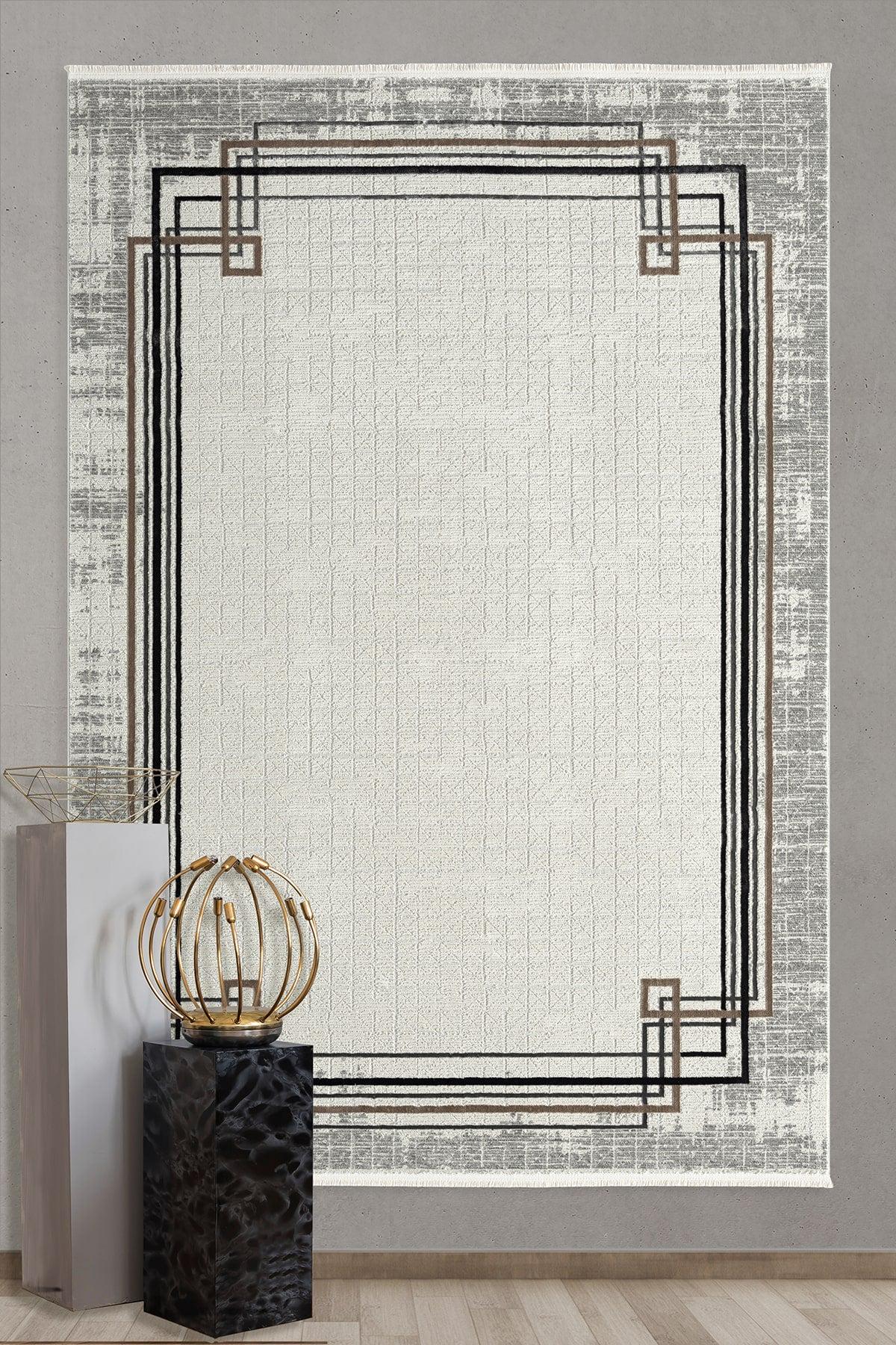 Modern Art Deco Border Rug – Geometric Neutral Area Rug (200x300 cm)