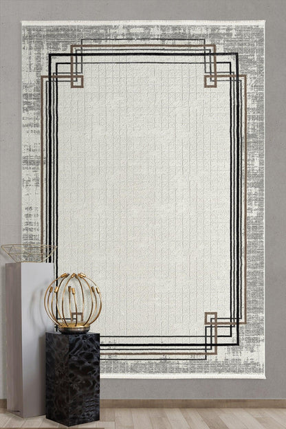 Modern Art Deco Border Rug – Geometric Neutral Area Rug (200x300 cm)
