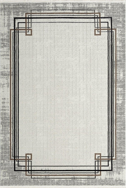Modern Art Deco Border Rug – Geometric Neutral Area Rug (200x300 cm)